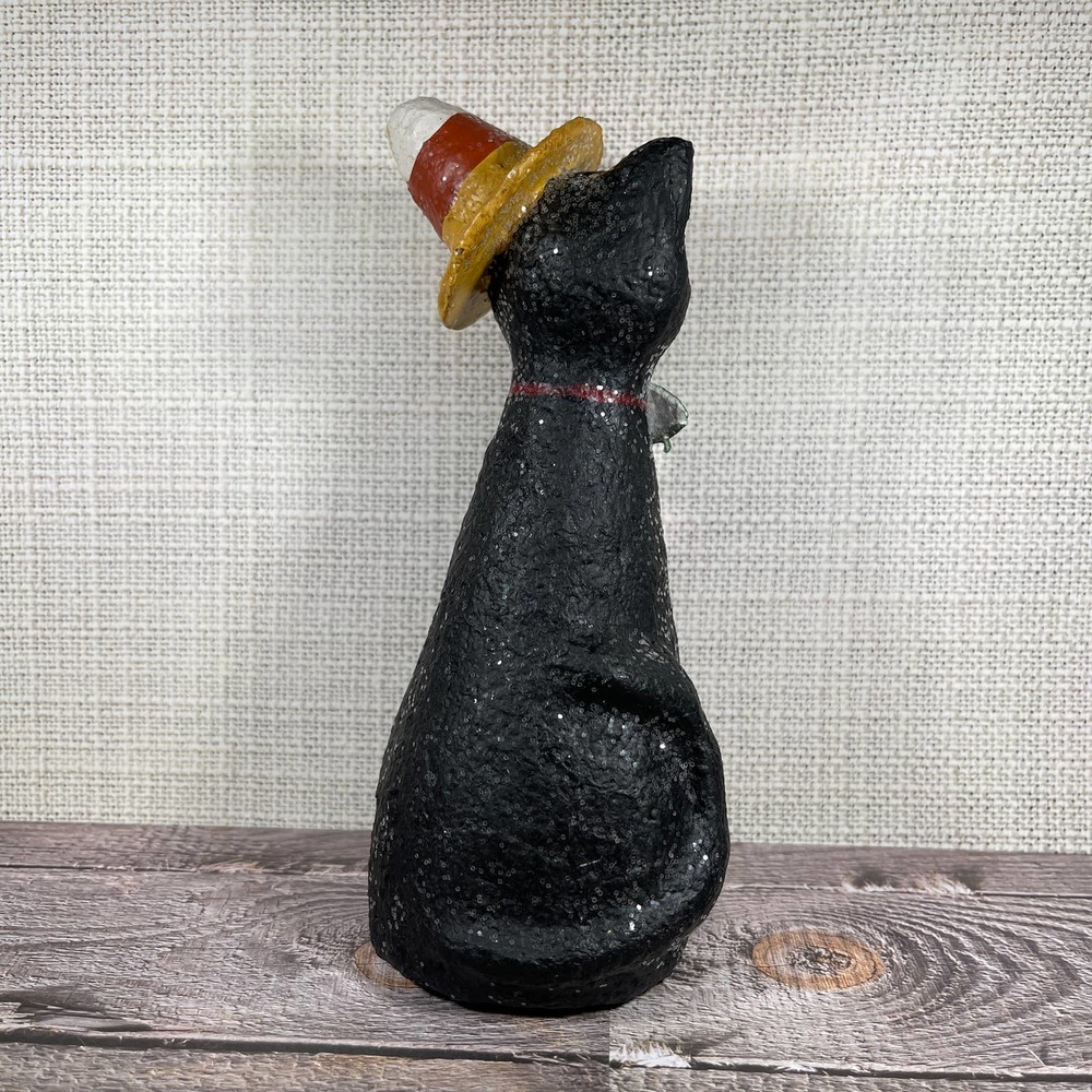 Black Halloween Cat Candy Corn Hat and Fish Bow Tie Sparkly Home Decor - Picture 3 of 6